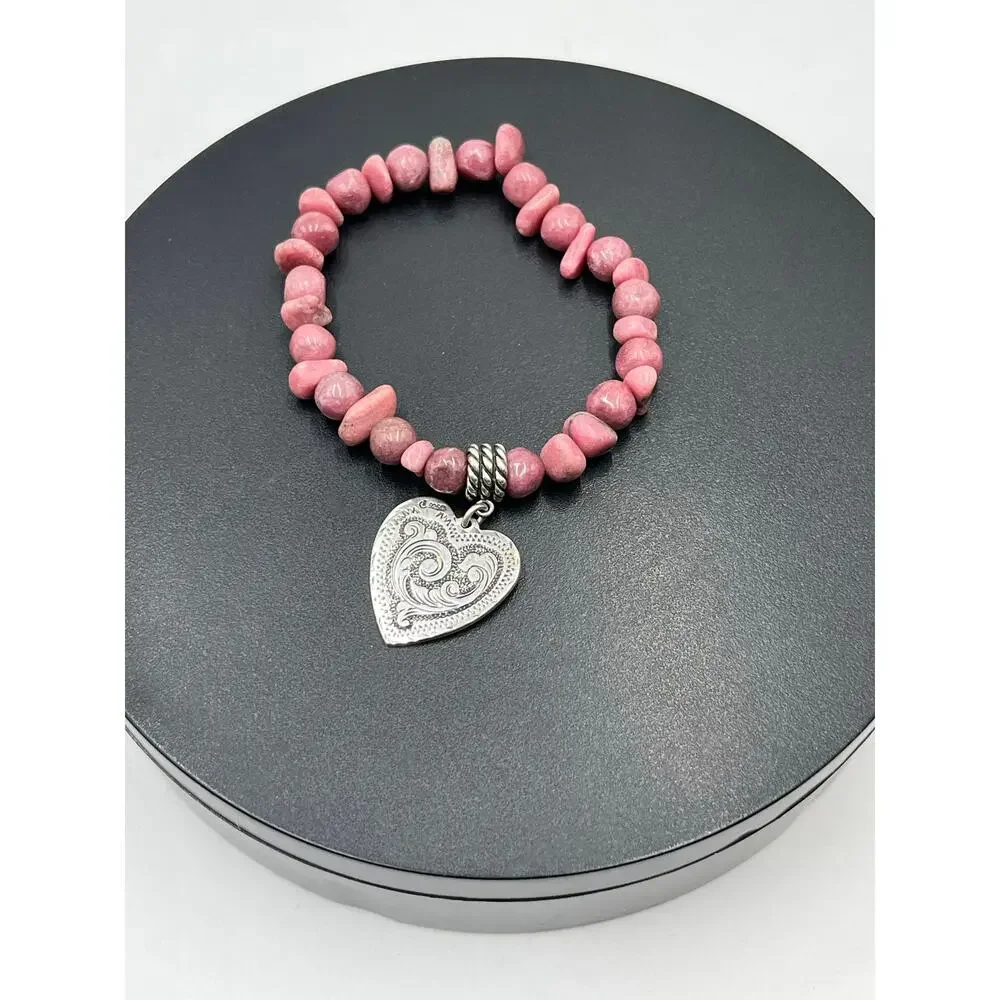 Relios Carolyn Pollack Sterling Heart Charm Rhodonite Pink Bead Stretch Bracelet